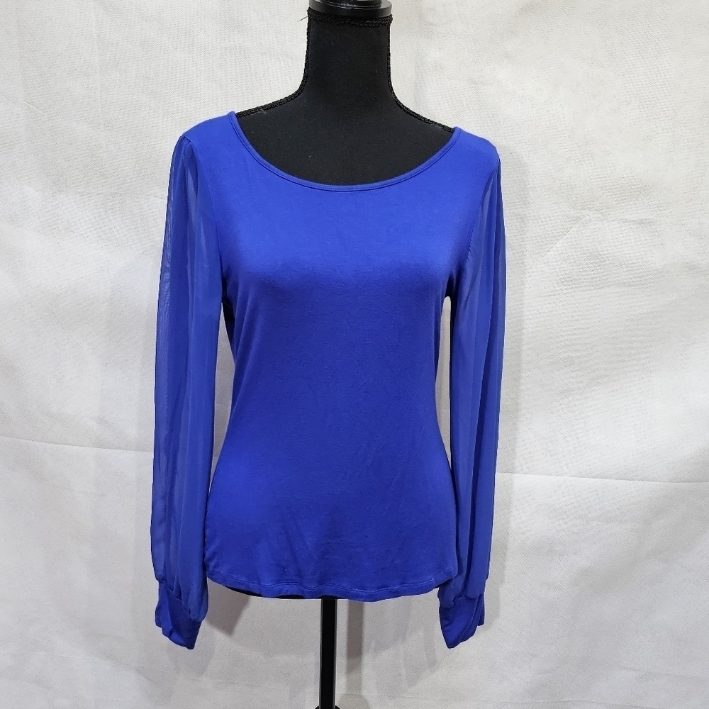 Venus Sheer Sleeve Scoop Neck Blue Top 95% Rayon 5% Spandex Size M